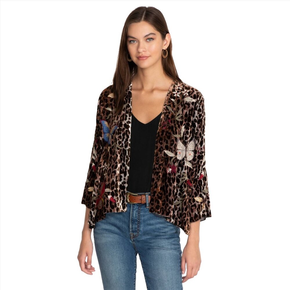 Johnny Was Penelope Velvet Bolero Leopard Embroidery Brown Jacket Shirt XL NEW
